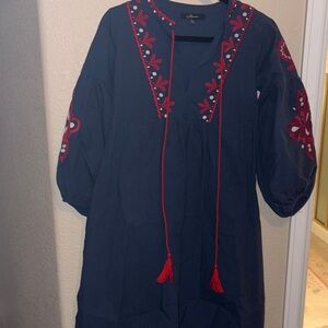 Dark Navy Embroidered Peasant Dress with Red Accents